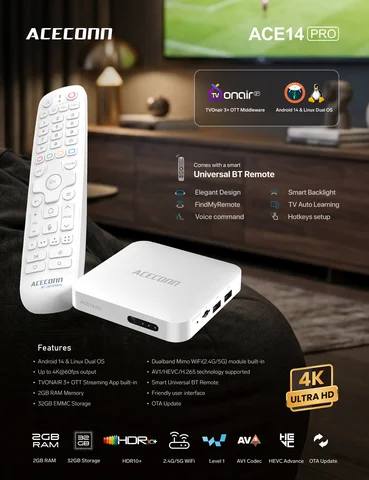 ACE14 Pro DUAL OS Iptv Online TV Box Streaming Box IPTV 2G 32GB WiFi de Doble Banda Puerto LAN BT Teclas de Acceso Rápido con Aprendizaje Automático Retroiluminación del Control Remoto
