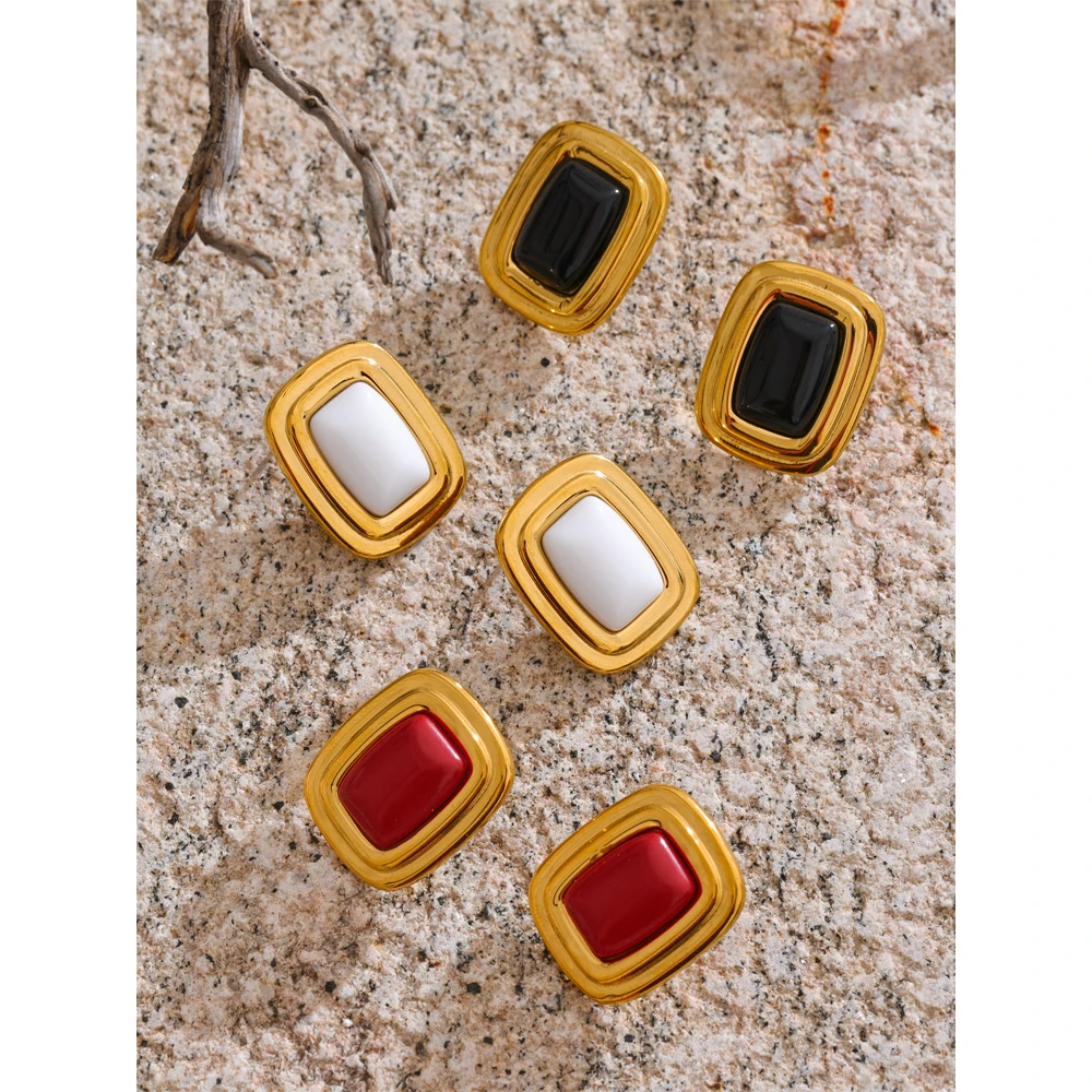 Yhpup Natural Stone Red White Black Rectangle Fashion Stud Earrings Trending Versatile Golden Charm France Jewelry for Women