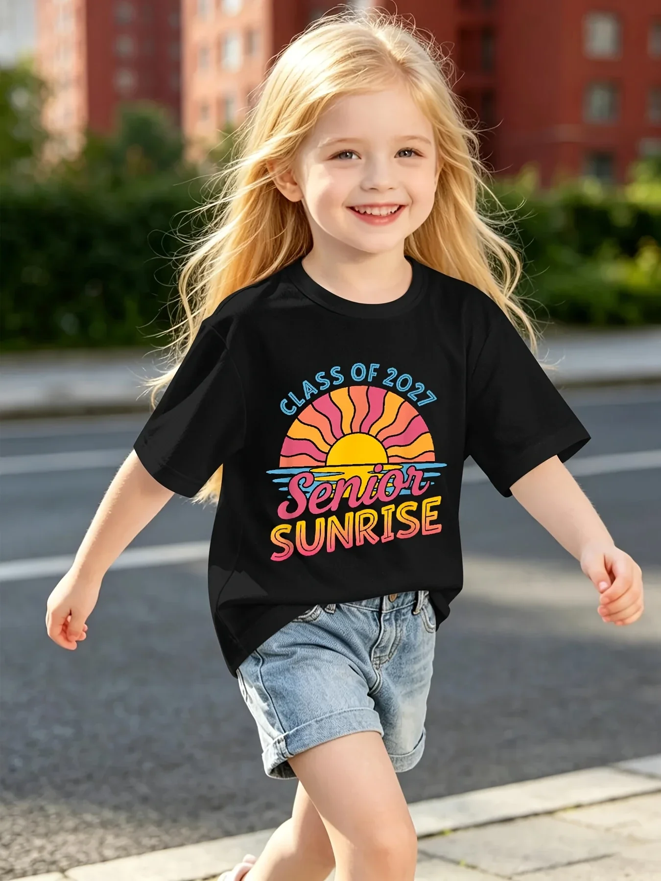 Kids Short Sleeve T Shirt Class of 2027 Senior Sunrise Retro Sun Graphic Crew Neck Casual Boys Girls Summer Tee