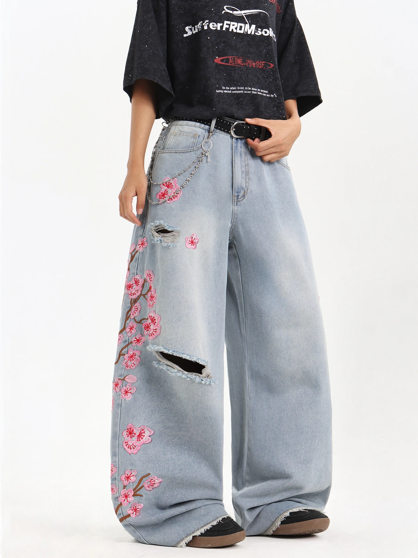 Men's American Vintage Clover Embroidery Baggy Jeans Y2K Trendy Street Hip-Hop Skateboard Fashion Versatile Wide-Leg Pants