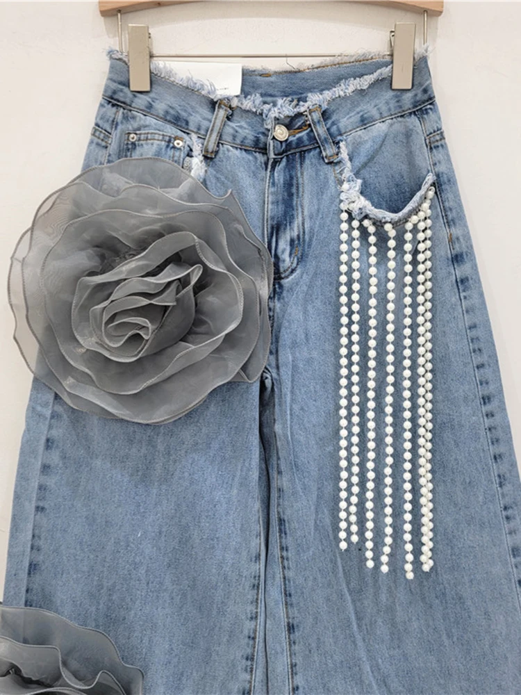 DEAT Fashion Women\'s Spliced Flower Pearl Tassel Design Jeans 2024 Autumn Trendy High Waist Wide Leg Denim Pants Female 33A1816