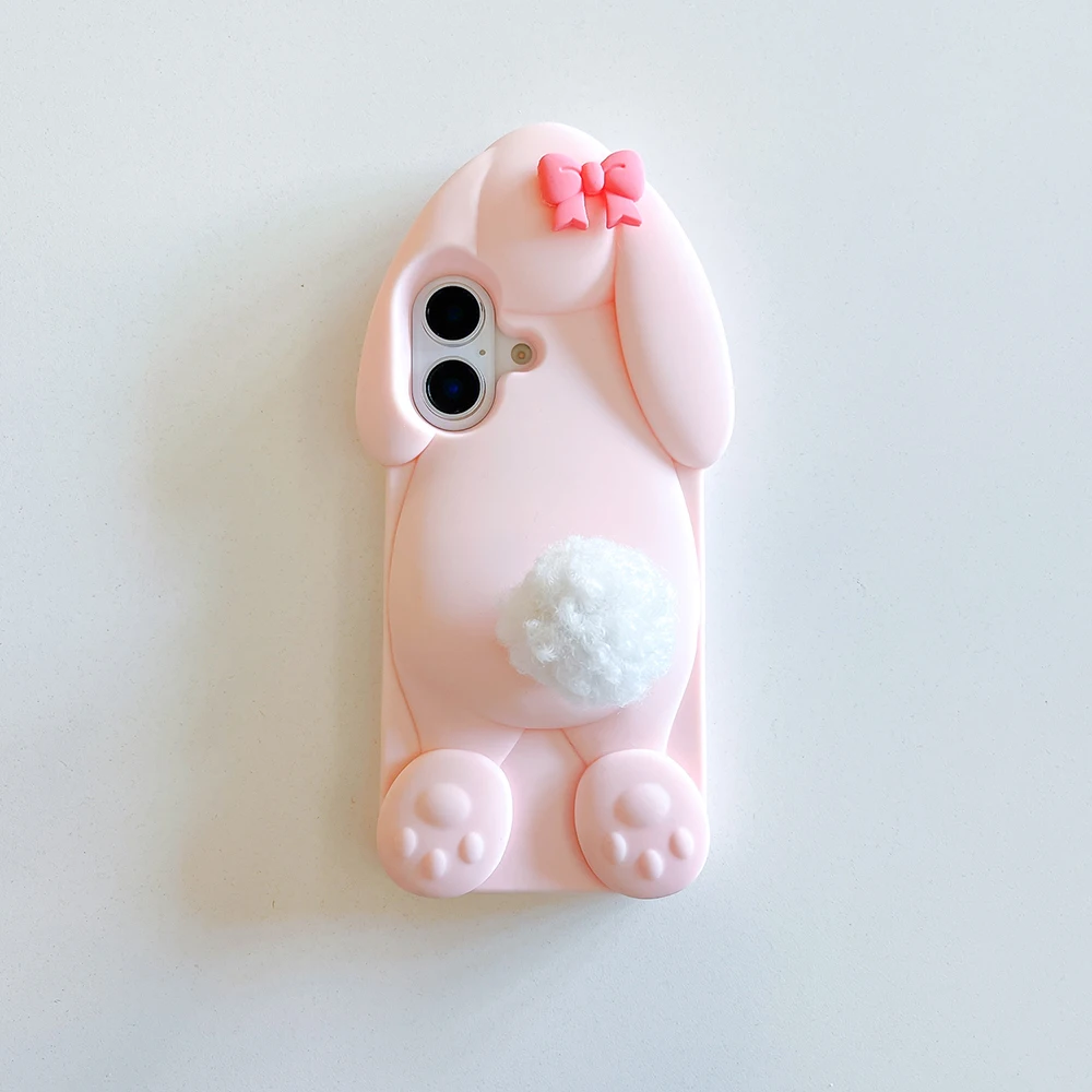 Kawaii 3D Cartoon Benny Rabbit Hülle für iPhone 16 15 14 13 12 Pro Max Weiche Silikonhülle mit Haarballenschwanzhalter – Detail 2