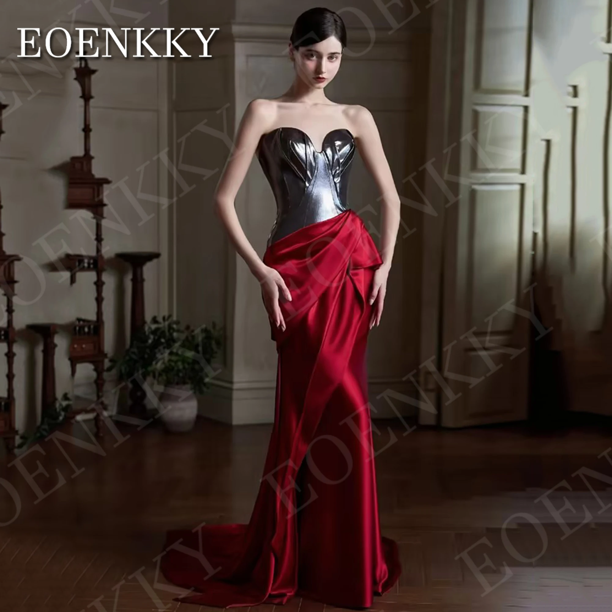 EOENKKY Simple Evening Dresses for Women Sweetheart Strapless Mermaid Formal Party Dress Sleeveless Satin vestidos de fiesta