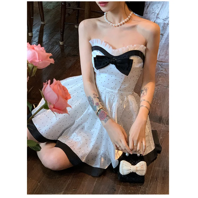 White Dress Womens Dress Sleeveless High End Exquisite Wave Point Skirt Fashion Patched Lace Bow Top Princess Fluffy Skirt Dress