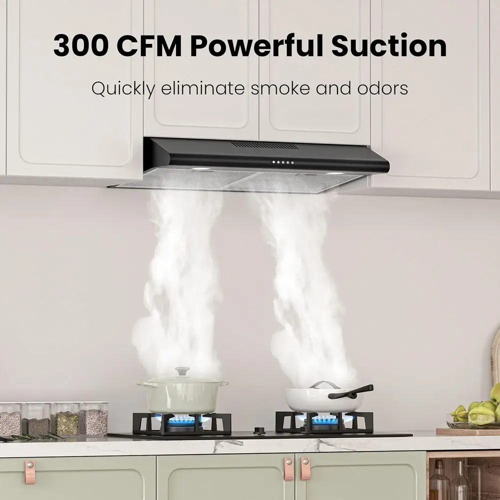 30インチ ブラック アンダーキャビネットレンジフード、ダクト式/ダクトレス式変換可能キッチン換気フード、LEDライト付き、3段階速度調整排気ファン、プッシュ式