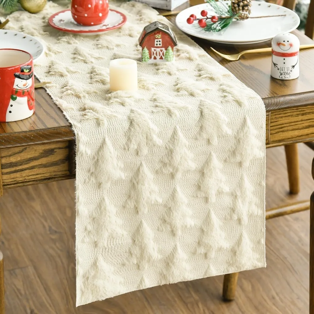 

Plush Embroidered Christmas Tree Table Runner Rectangular Embossed Design Christmas Table Cover Long Dining Tablecloth Festive