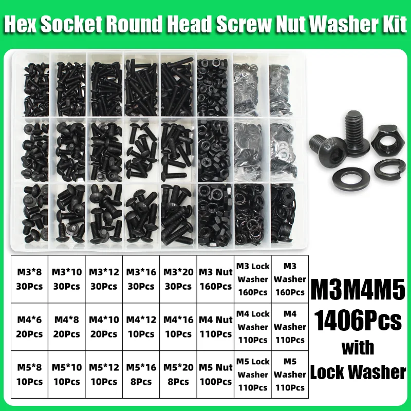 Innensechskantschrauben-Set mit Innensechskant, M2, M2,5, M3, M4, M5, M6, Schwarz, 10,9 Güteklasse, Innensechskant-UNC-Bolzen mit Mutter, Unterlegscheiben-Sortiment – Detail 8