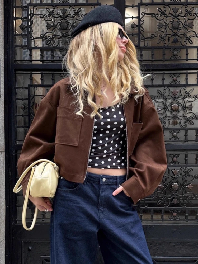 

FDYOUI Women Vintage Brown Outerwears Streetwear 2025 Autumn Turn-down Collar Zip-up Solid Coats Ladies Pockets Suede Jackets