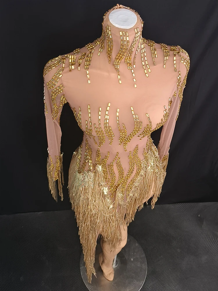 Sexy Gold Fringe Dresses Rhinestone Long Sleeve Performance Dress Nightclub Bar Party Rave Clothing Dancehall Queen Outfit 4637