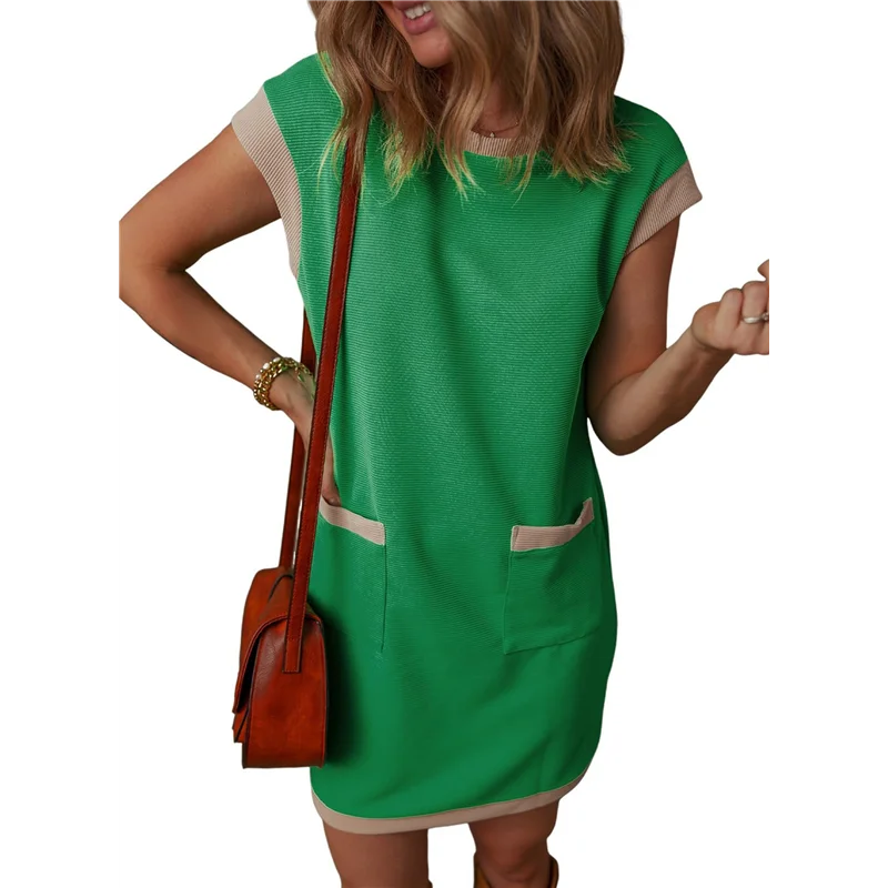 【SEE】 Robes d'été décontractées pour femmes, mode, manches cape, bloc de couleurs, col rond, t-shirt, Mini robe