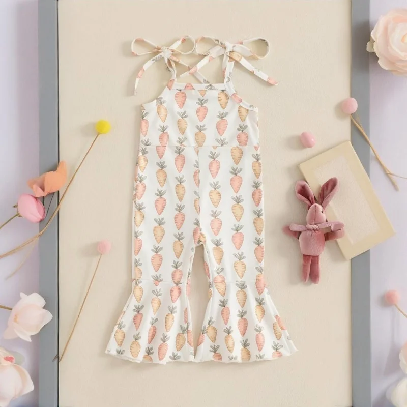 Toddler Girls Easter Jumpsuit Newborn Carrot Pattern Sleeveless Bell Bottoms Flare Pants Baby Girls Romper Streetwear