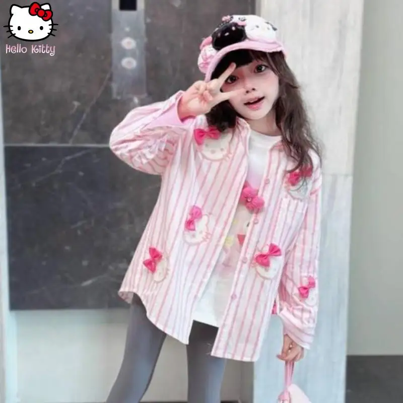 

Одежда Hello Kitty для девочек, кавайная футболка с длинными рукавами и бантом, рубашка с героями мультфильмов, новый стиль, студенческое аниме, базовое пальто с длинными рукавами Sanrio