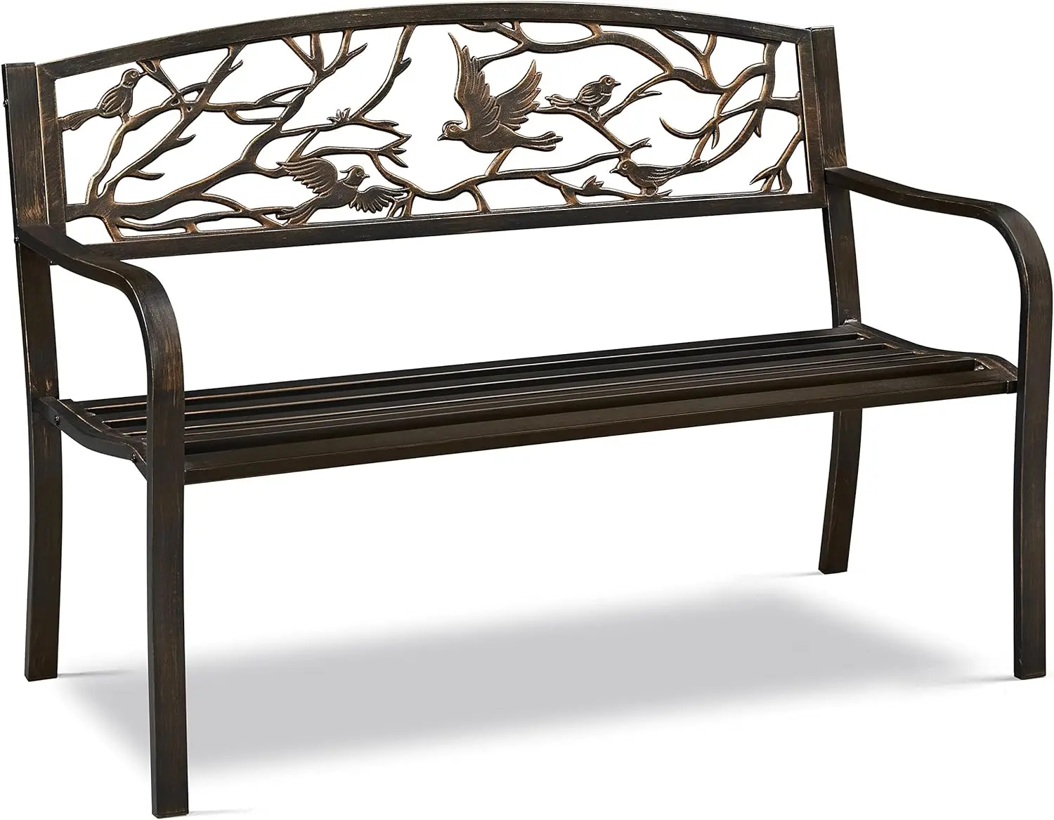 Patio Garden Bench Outdoor Cast Iron Metal Bench, w/Bird Design Backrest, Slatted Seat, Park Bench Outdoor Furniture for Porch