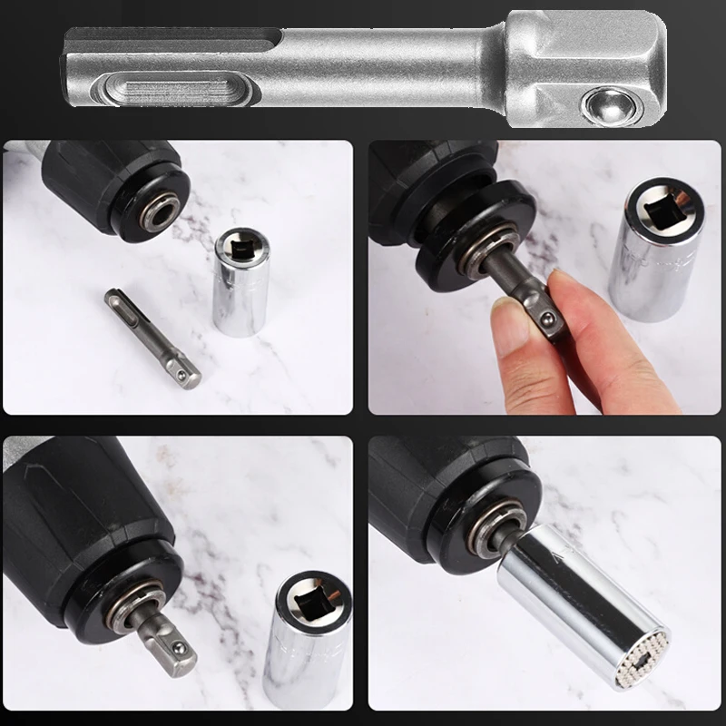 SDS-Plus Socket Adapter Set Driver Adapter Drill Bit Electric Hammer to Wrench Converter Extension Drill Bit Bar Set