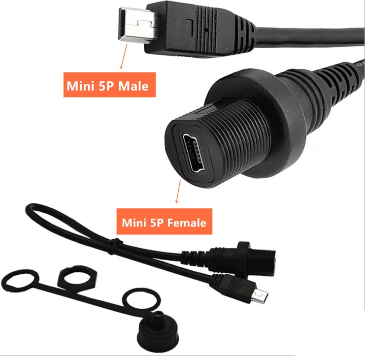Panel-mounted cable for car yacht dashboard. Mini 5P extension cable for data charging, mini USB  5P male-to-female adapter
