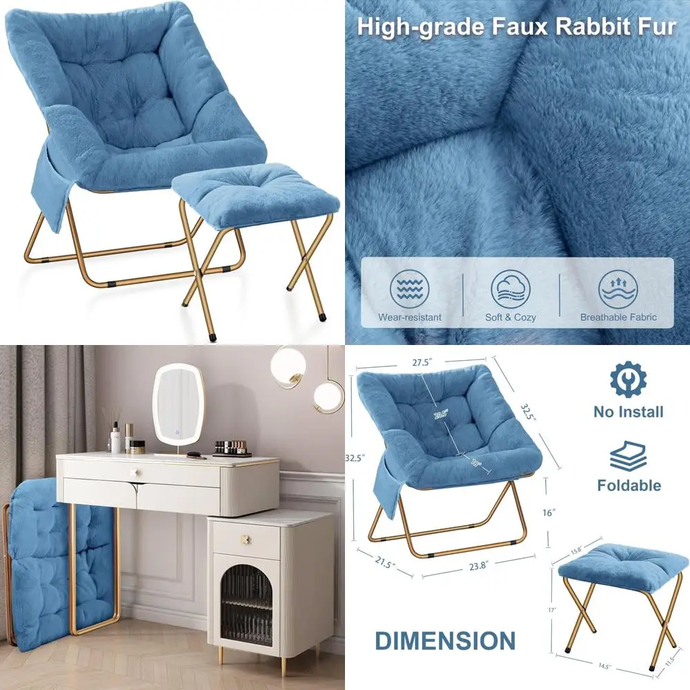 

X-Large Foldable Faux Fur Lounge Chair for Adults - Comfortable Reading Chair for Living Room and Bedroom