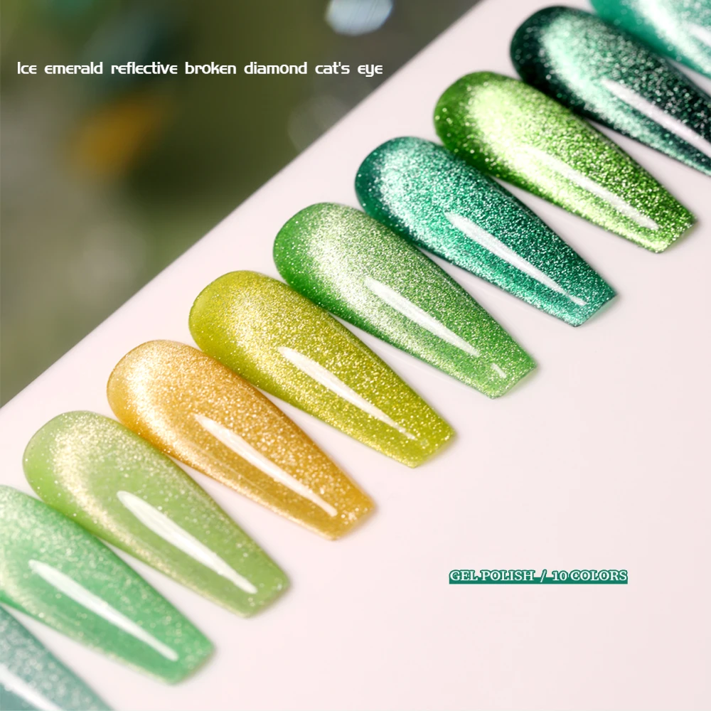 Vendeeni 10 Colors Reflective Green Ice Emerald  Broken Diamond Cat Eye Gel Nail Polish Soak Off UV LED Nail Art Design Varnish