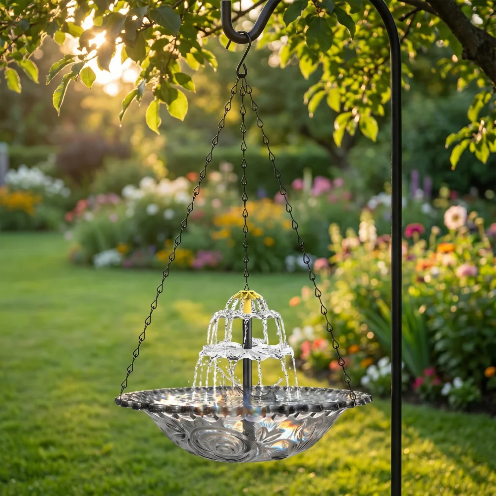 Solar Bird Bath Solar Powered Hanging Bird Bath Fountain Outdoor Cascade Water Fountain Pump Hummingbird Shower Bowl for Garden