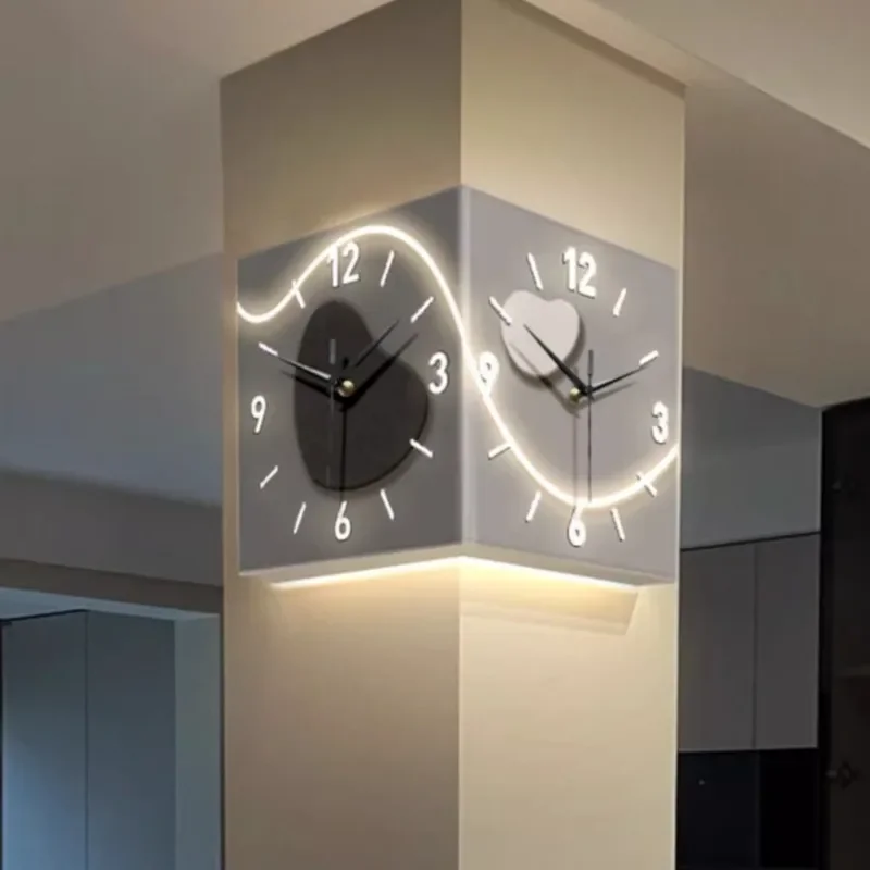 

Luxury Corner Two Sides Led Luminous Wall Clock Night Light Living Room Modern Silence Creative Wall Clocks Home Decoration