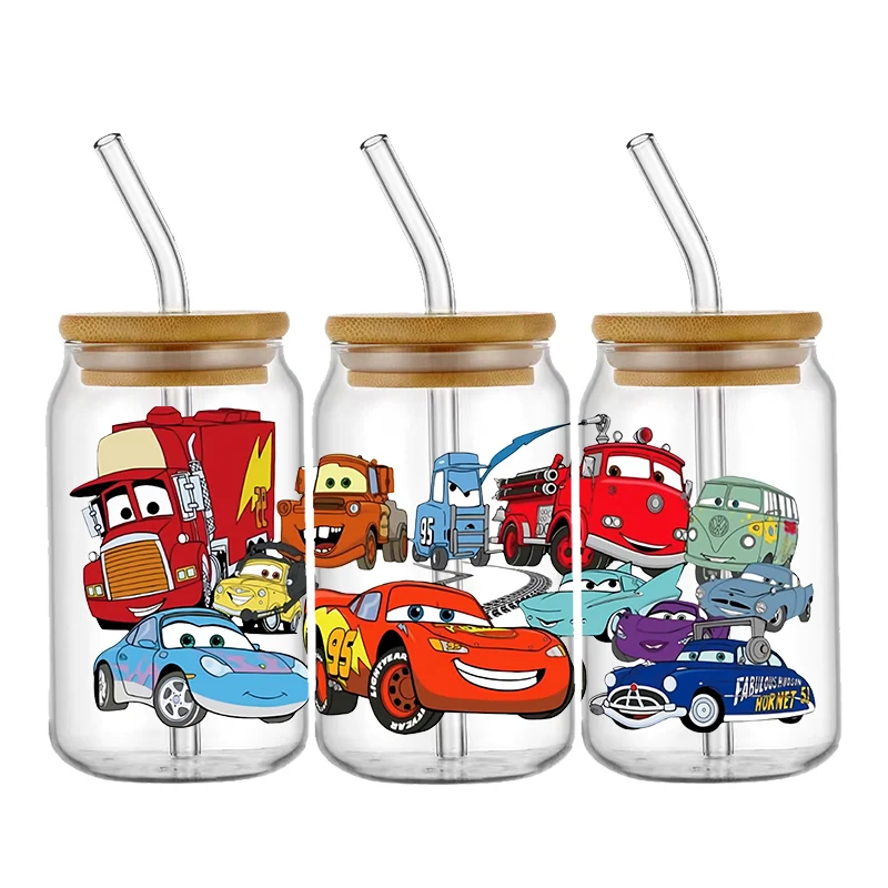 Disney Cartoon Autos Muster UV DTF Transfer Aufkleber Wasserdichte Transfers Aufkleber für 16oz Glas Tasse Wrap Aufkleber