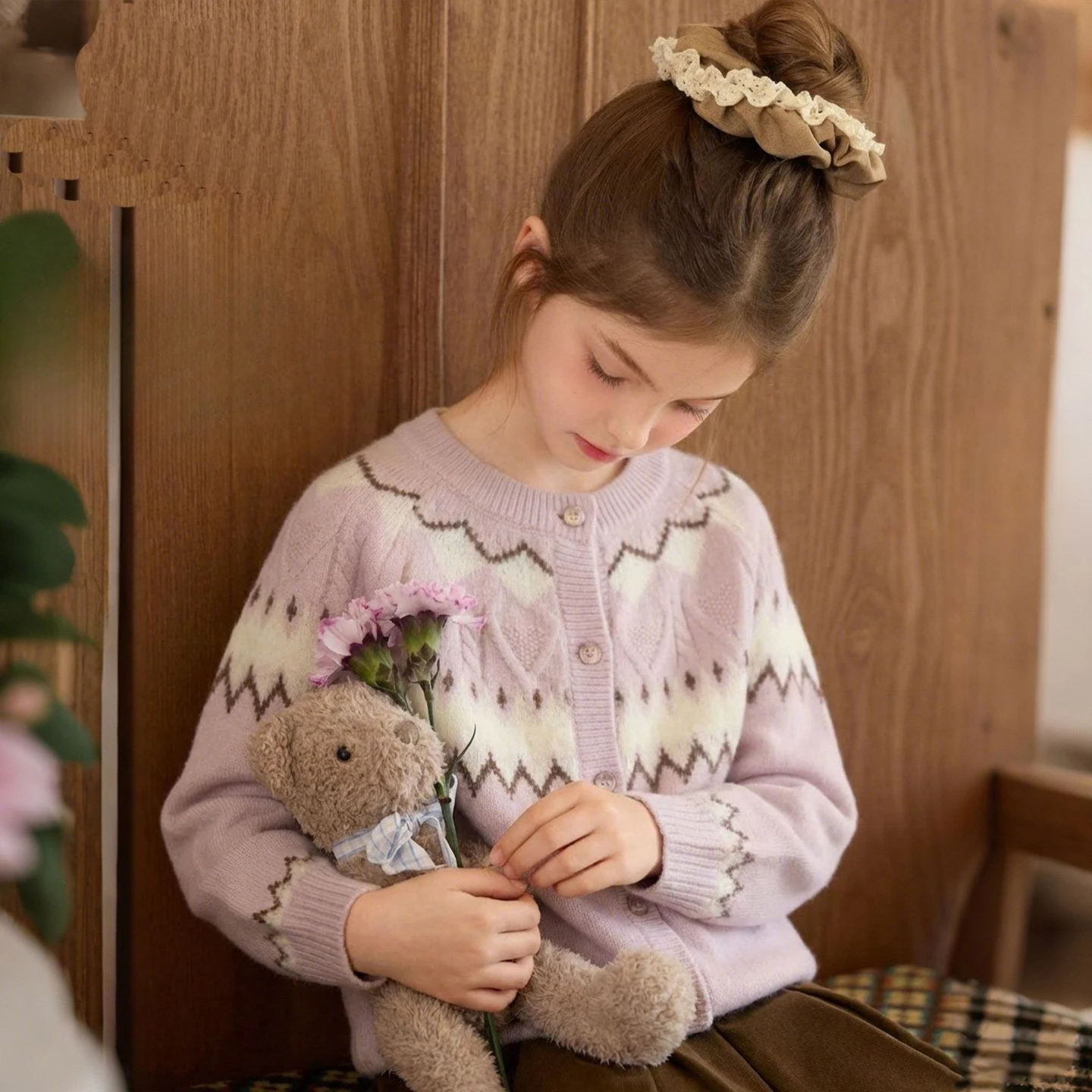 Girls Fair Isle Fairy Tale Cardigan Lavender Purple Knit Spring 2026 New Fashion Kids Outerwear