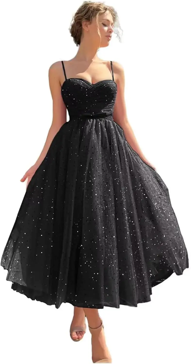 

Spaghetti Straps Starry Prom Dresses Sparkly Puffy Tulle Ball Gown Tea Length Formal Evening Party Dress Women Elegant