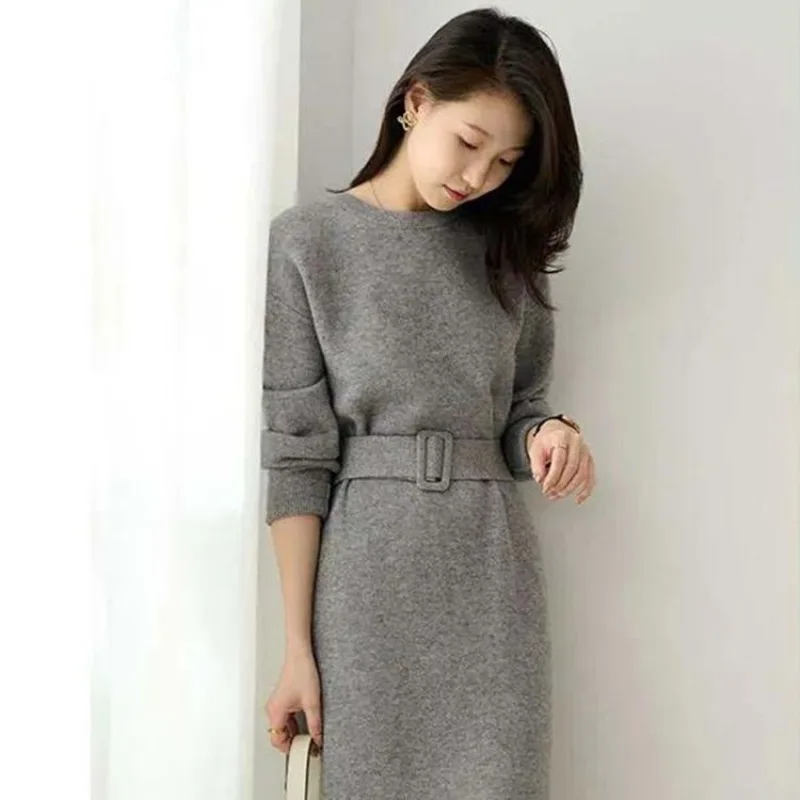 Autumn Winter Women's Long-sleeved Knitted Dress Solid Colour Simple Commuter High Quality Round Neck Waisted Mid-length Dresses