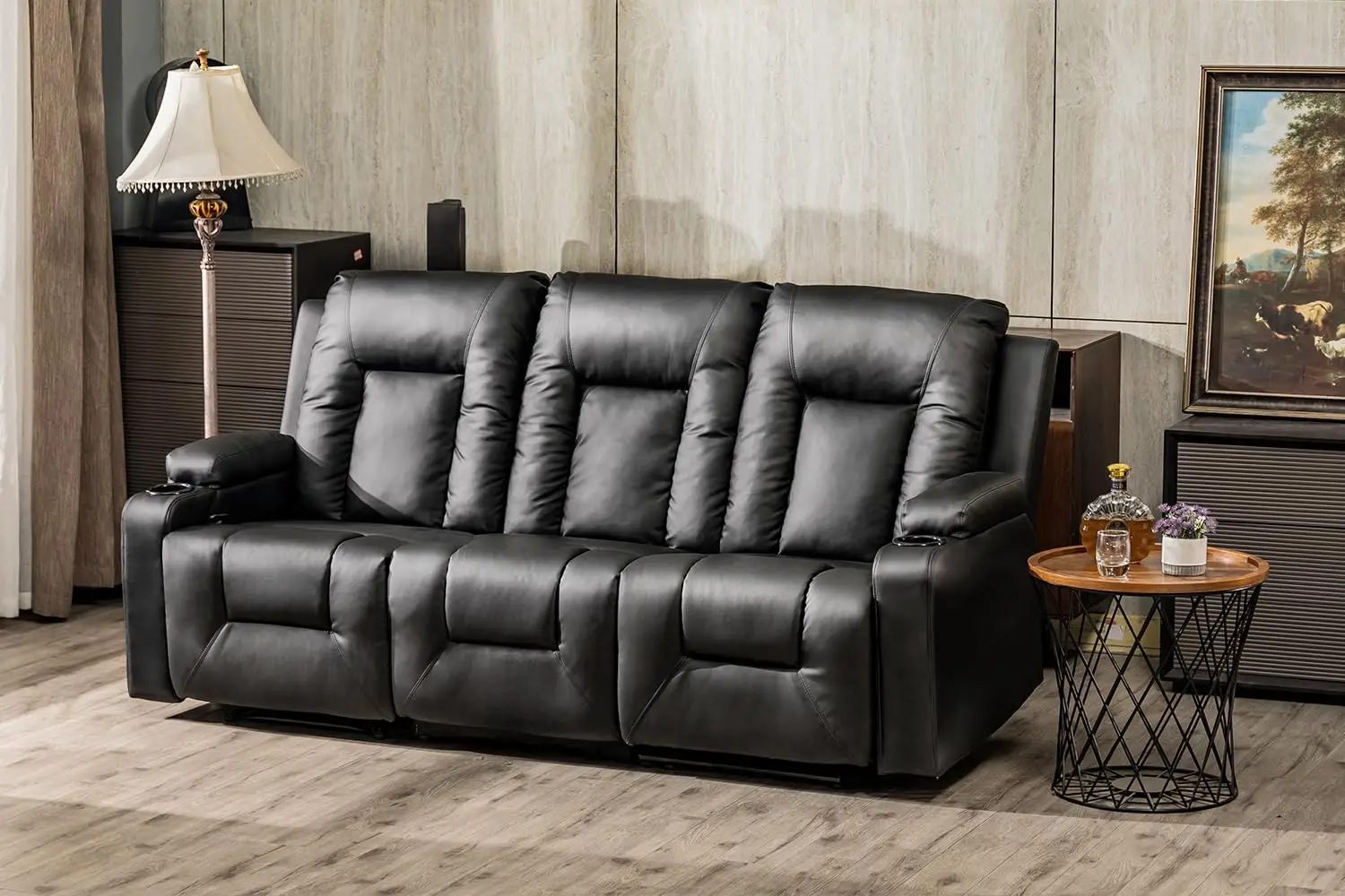 Furniture 3PC Bonded Leather Recliner Set Living Room Set, Sofa, Recline Chair (Black,Living Room Set 3)