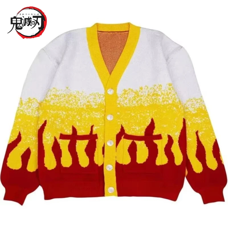 เสื้อคาร์ดิแกนคอวีถักไหมพรมลายอนิเมะดาบพิฆาตอสูร ทันจิโร่ คามาโดะ สำหรับคอสเพลย์  แบบยูนิเซ็กซ์ ให้ความอบอุ่น เหมาะสำหรับฮาโลวีน สวมใส่สบายๆ