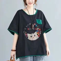 90% Cotton T Shirts Women Fashion Embroidery T-shirt Art Vintage Short Sleeve Oversized Tops Summer Trend Loose Slim Tshirt Y2k