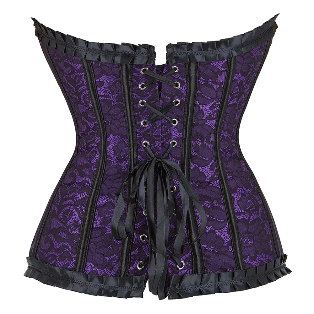 Vintage Jacquard Corset with Ruffled Trim Women Sexy Lace Up Overbust Bustier Tops Slimming Body Shaperwear