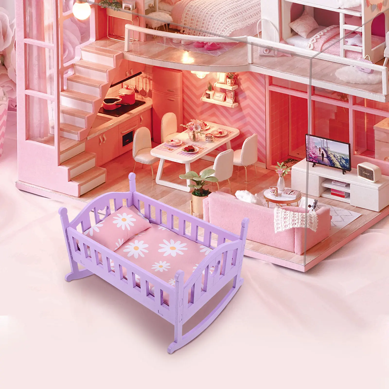 

1 Set Miniature Wood Cloth Crib Rustic Style Long Service Life Ideal Mini House Bedroom Decoration Furniture Prop