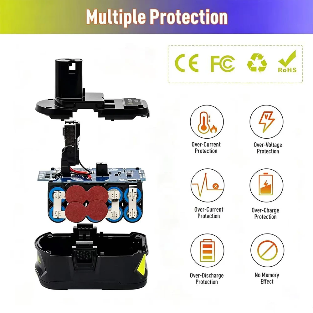High Capacity 6.0ah 18V for Ryobi P108 Li-ion Battery Replacement P108 P102 P103 P104 P107 BPL1820 RB18L50 Power Tool Baterry