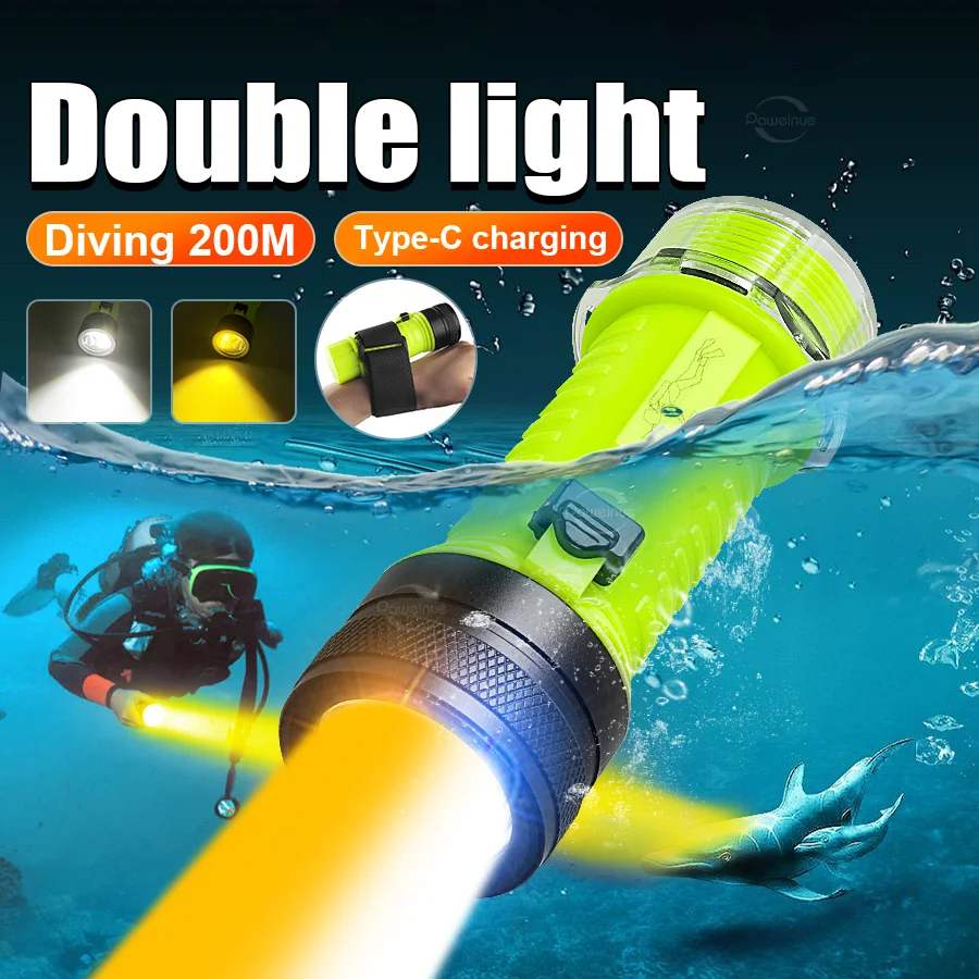 Super Bright 2*P100 Diving Flashlight Professional Built-in Battery Diving Torch Type C Charge IP8 Waterproof Led Diving Lights