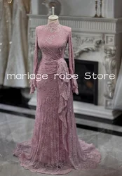 Pale Rose Pink Muslim Prom Dresses Long Sleeve customsized High Neck Lace Crystal Ruched Middle East Caftan Evening Gown