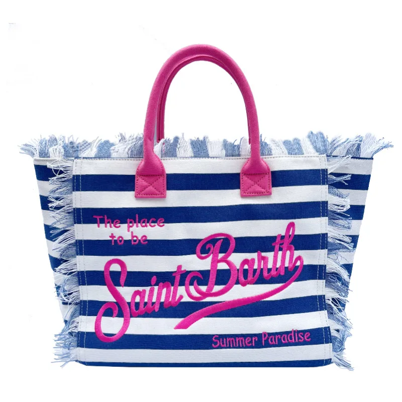 Saint Barth Europäische und amerikanische neue Damen-Strandhandtasche mit großer Kapazität, modisch, horizontal gestreift, tiefblau, mit Quasten