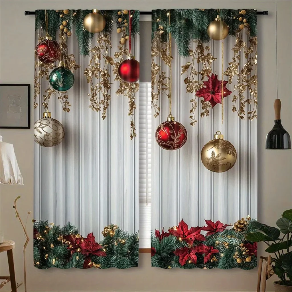 Christmas Ornament Curtains Baubles Pine Branch Print Window Drapes Living Room Bedroom Holiday Decor 2 Panels Xmas Curtain