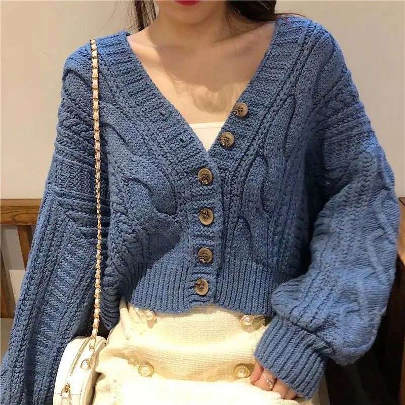 Short Cardigan Sweater Women Ins Retro Loose V-neck Button Knitted Cardigan Spring and Autumn French Lazy Style Solid Color Tops