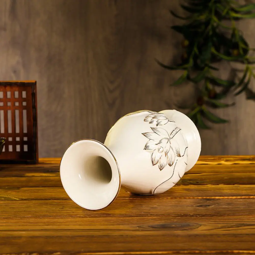 

1Pcs Lotus Embossed Ceramic Vase Chinese Style Decorative Flower Arrangement Container Home Office Tabletop Decor