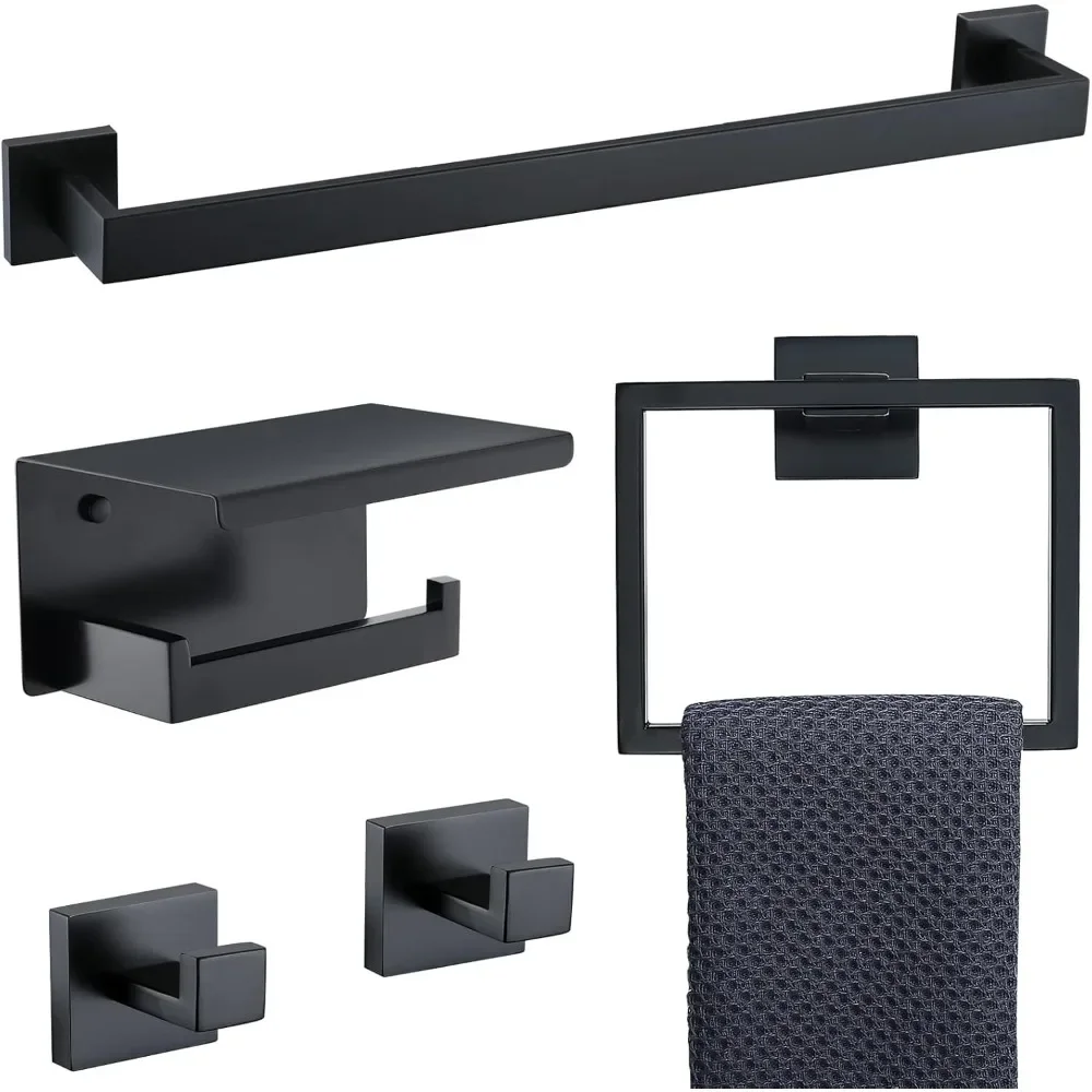 Black Towel Bar Set, Hardware Set Banheiro, Inclui 23.6 "Towel Bar, Toalha Ring, Toalha Gancho, Toilet Paper Holder, 5 pcs