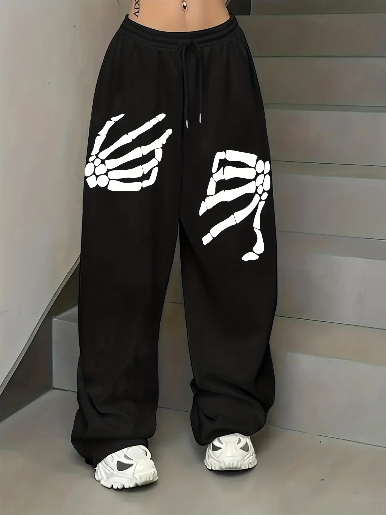 

Повседневные спортивные брюки со скелетонизированным принтом, эластичная талия на шнурке, американские повседневные модные мужские прямые брюки