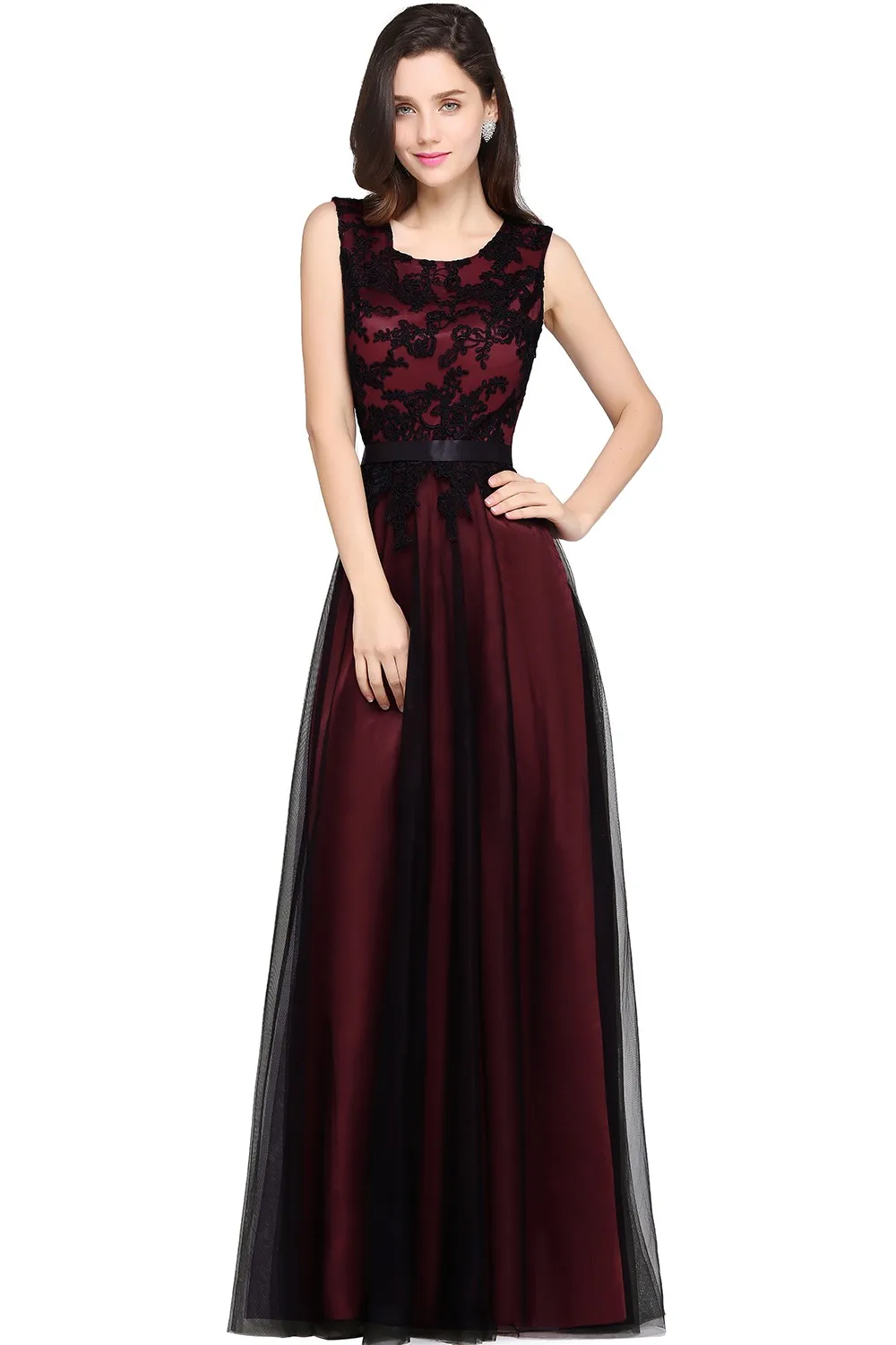 Elegant Black Lace Red Evening Dresses Long Appliques Chiffon With Sashes Pink Green Burgundy Formal Prom Gown Vestido de Fiesta