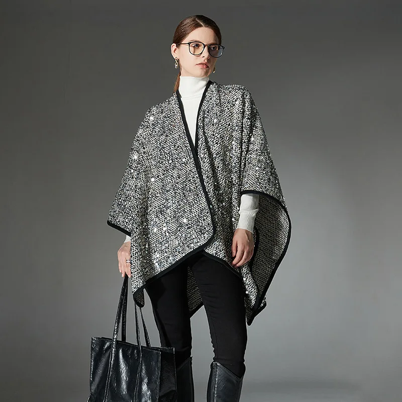 2024 Silver Sequin Streetwear Cappa Autumn Cloak Summer Air Conditioning Blanket Women Big Pendulum Poncho Shawl Cape Split Long