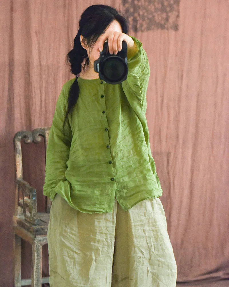 

Original Large Size Women's Cotton Linen Long irt Spring Autumn Lightweight Loose Top round Ne Open Cardigan Sle