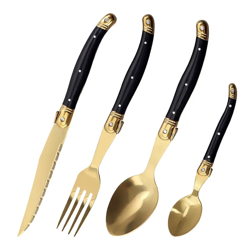 Laguiole Black Gold Cutlery Set Knife Fork Coffee Spoon 4-24pcs Stainless Steel Tableware Flatware Western Kitchen Silverware