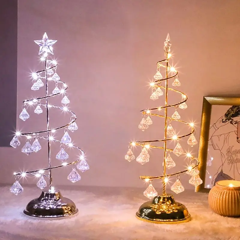 Luz LED colgante de cristal para árbol de Navidad, lámpara de mesa con flores de escritorio, decoración moderna, plata y oro