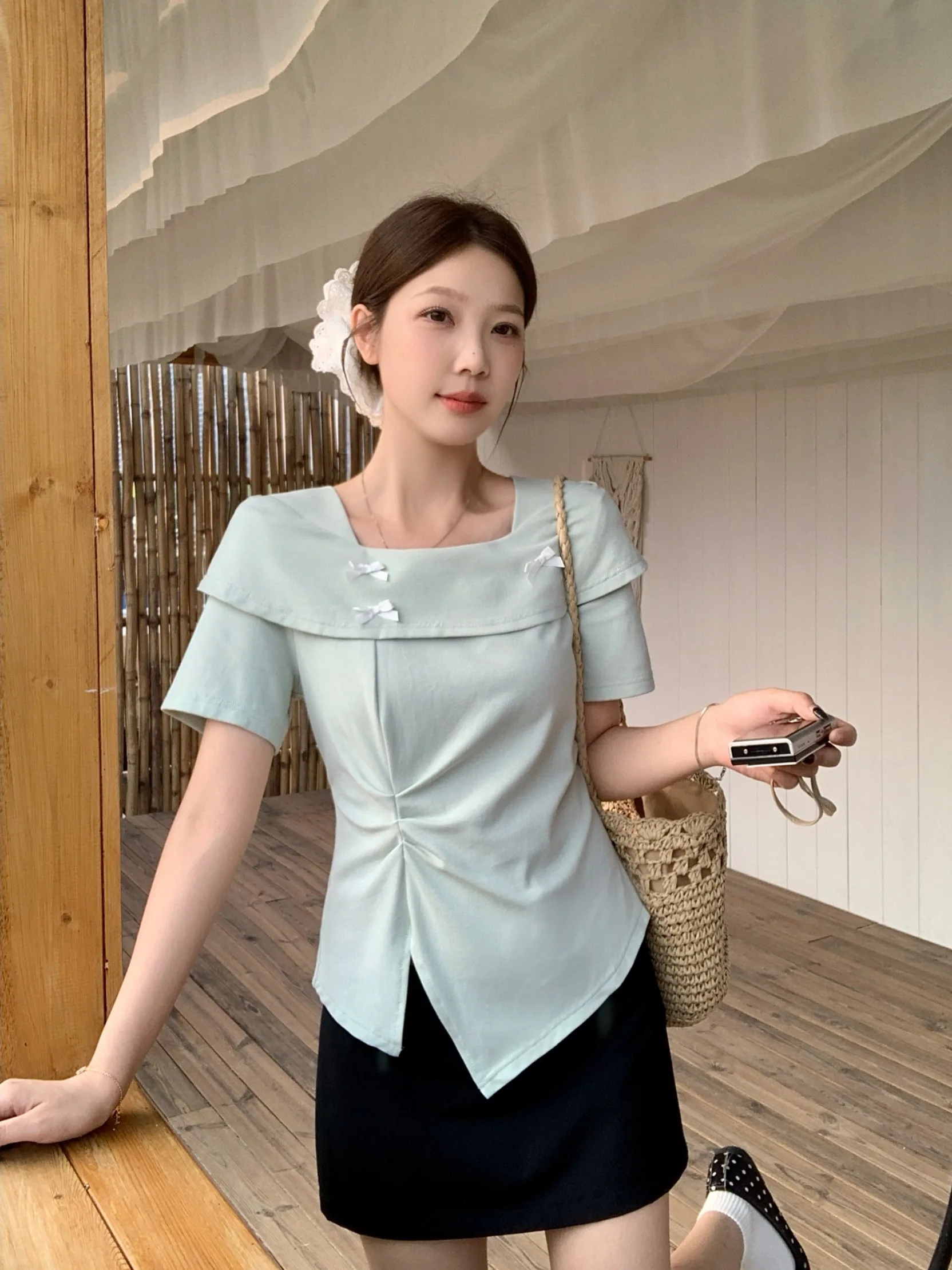 

plus Size Women's Sweet Knot Short Sleeve T-Shirt Slim Fit Summer New High Waist Asymmetrical Top Korean Style