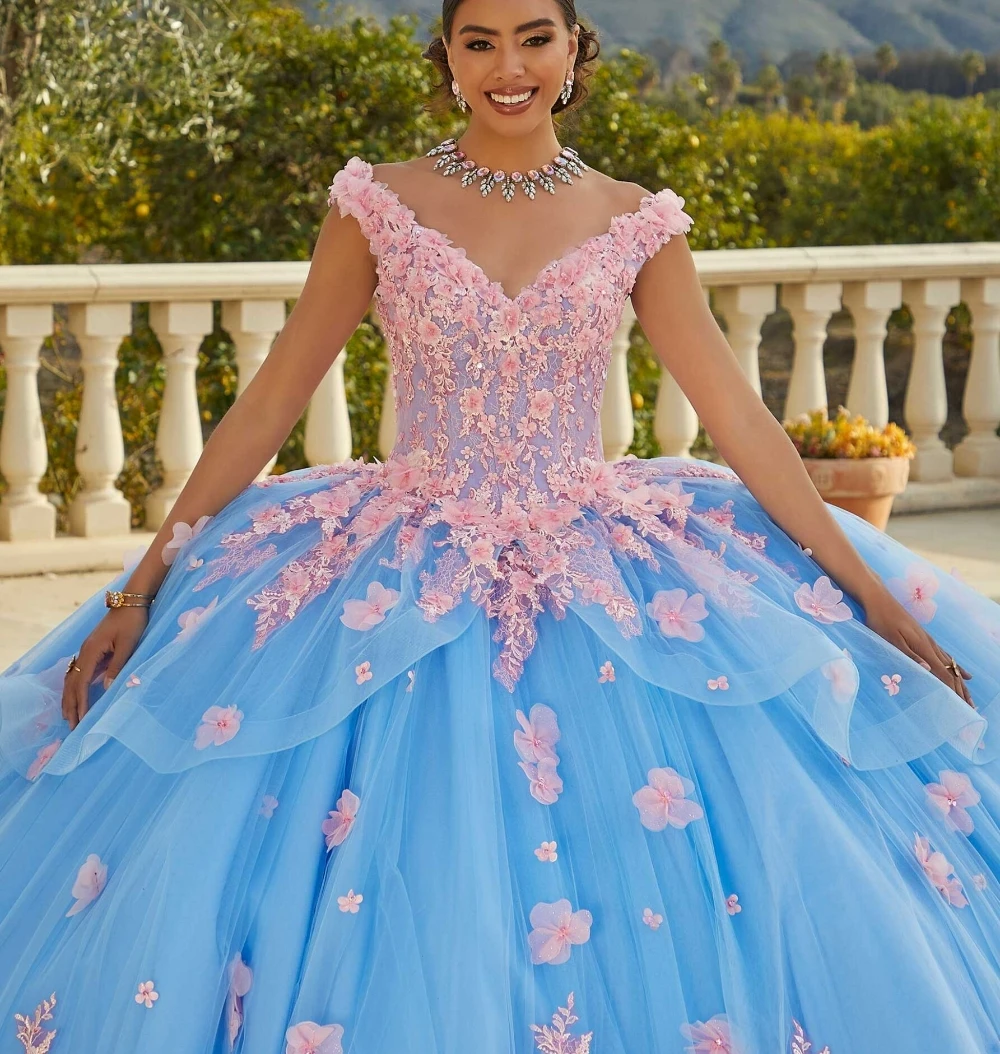 EVLAST-Vestido Quinceanera com flores 3D, vestido de baile azul, Beading Applique, Tule Glitter, Sweet 16, TQD106, 3D