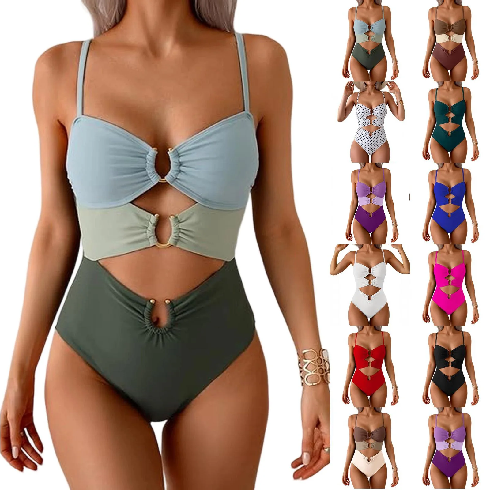 Sexy Cutout Swimsuit Solid Color Summer Spaghetti Strap Color Block Ring Detail One Piece Beach High Cut Bathing Suit view 2