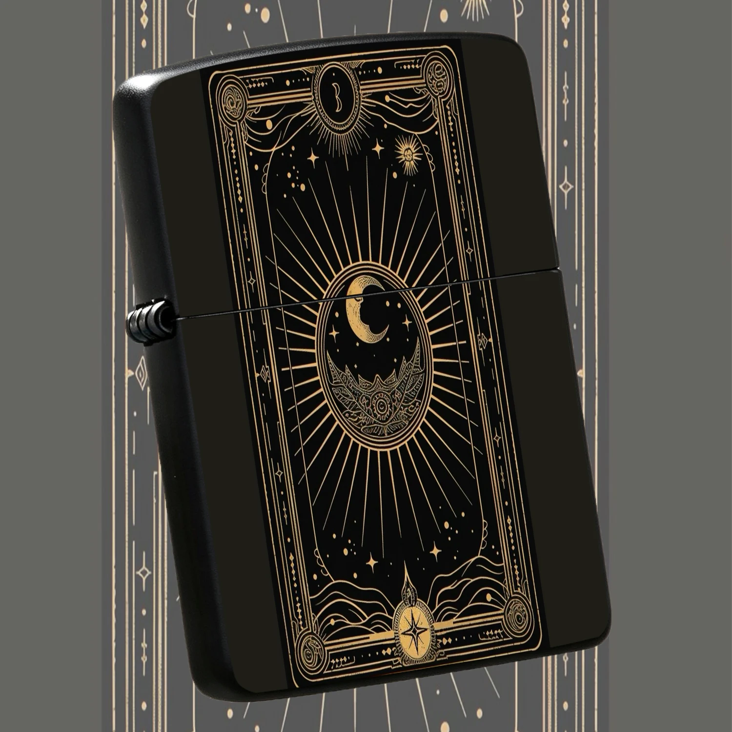 Vintage BLACK Gold Tarot Pattern Windproof Lighter, Exquisite Etched Crescent Moon Star Totem Design, Mystical Divination Themed Decorative Lighter, Unique Collectible PORTABLE Pocket Lighter, Ideal Holiday Gift For Tarot Enthusiasts And